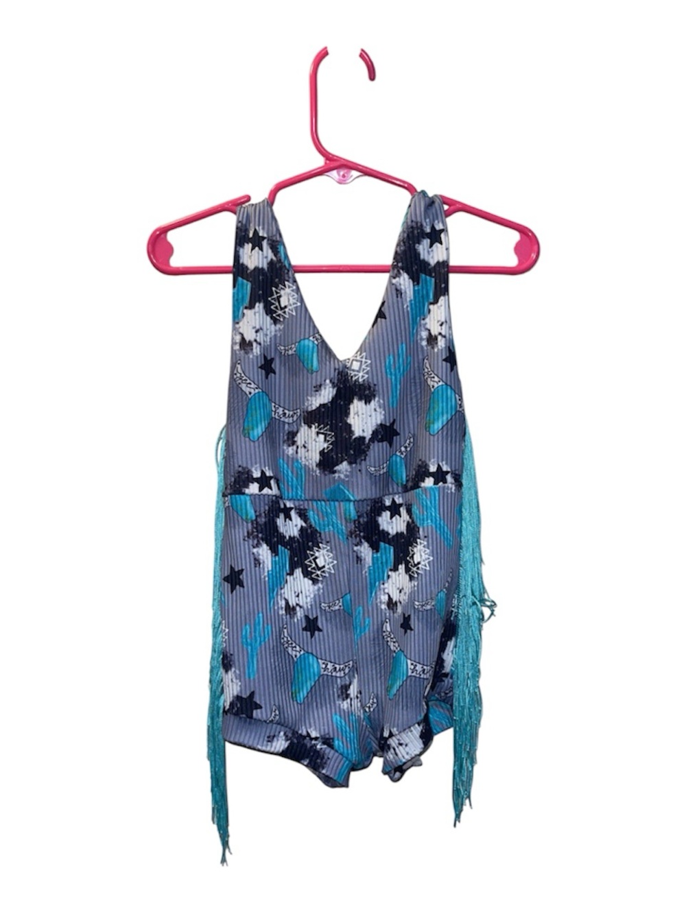 Girls One-Piece Romper with Teal Fringe & Star Print